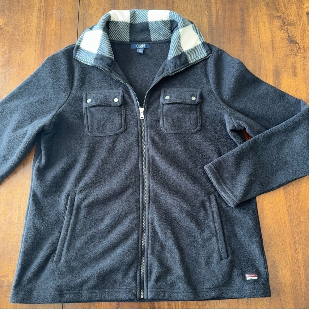 Chaps Sport Womens Black Fleece Zip Up Jacket with Buffalo Plaid Collar XL